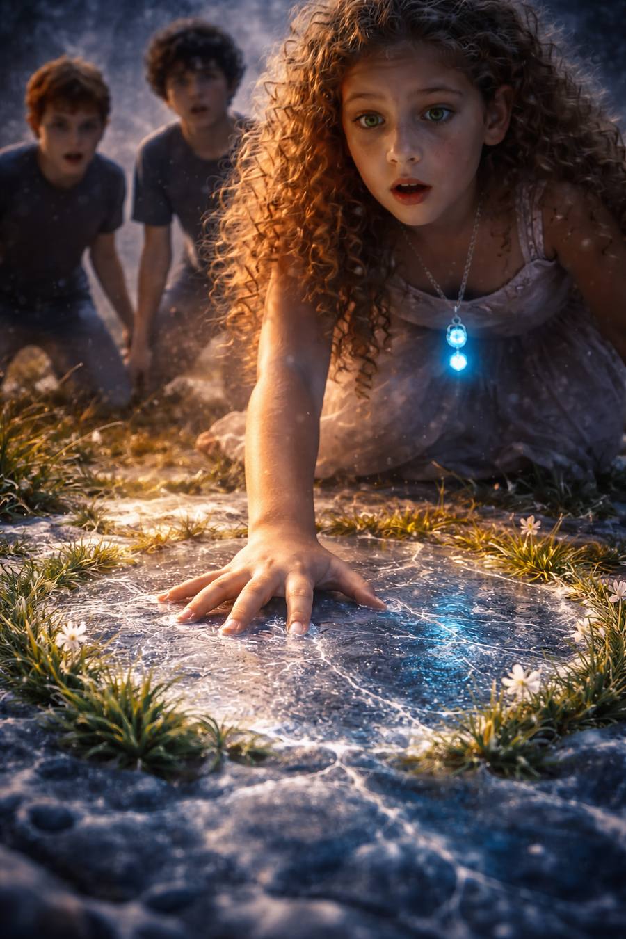 Helena toca o chão congelado com seu amuleto azul