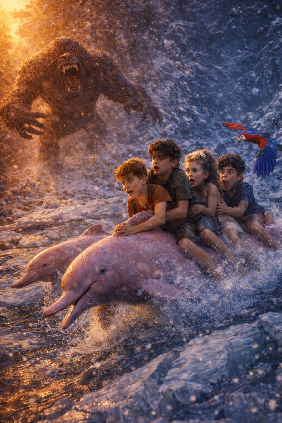 Os quatro irmãos fogem nos botos enquanto o Mapinguari os persegue